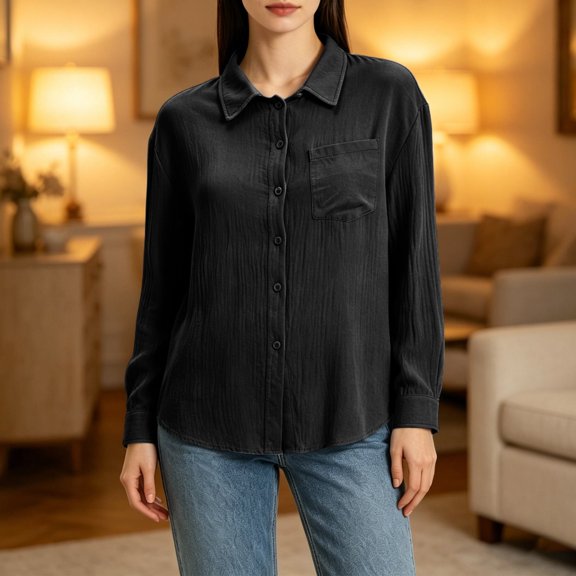 Womens Button Down Shirts Long Sleeve Dress Shirt Textured Collared Work Blouse Dressy Casual Tops with Pocket,Black,L