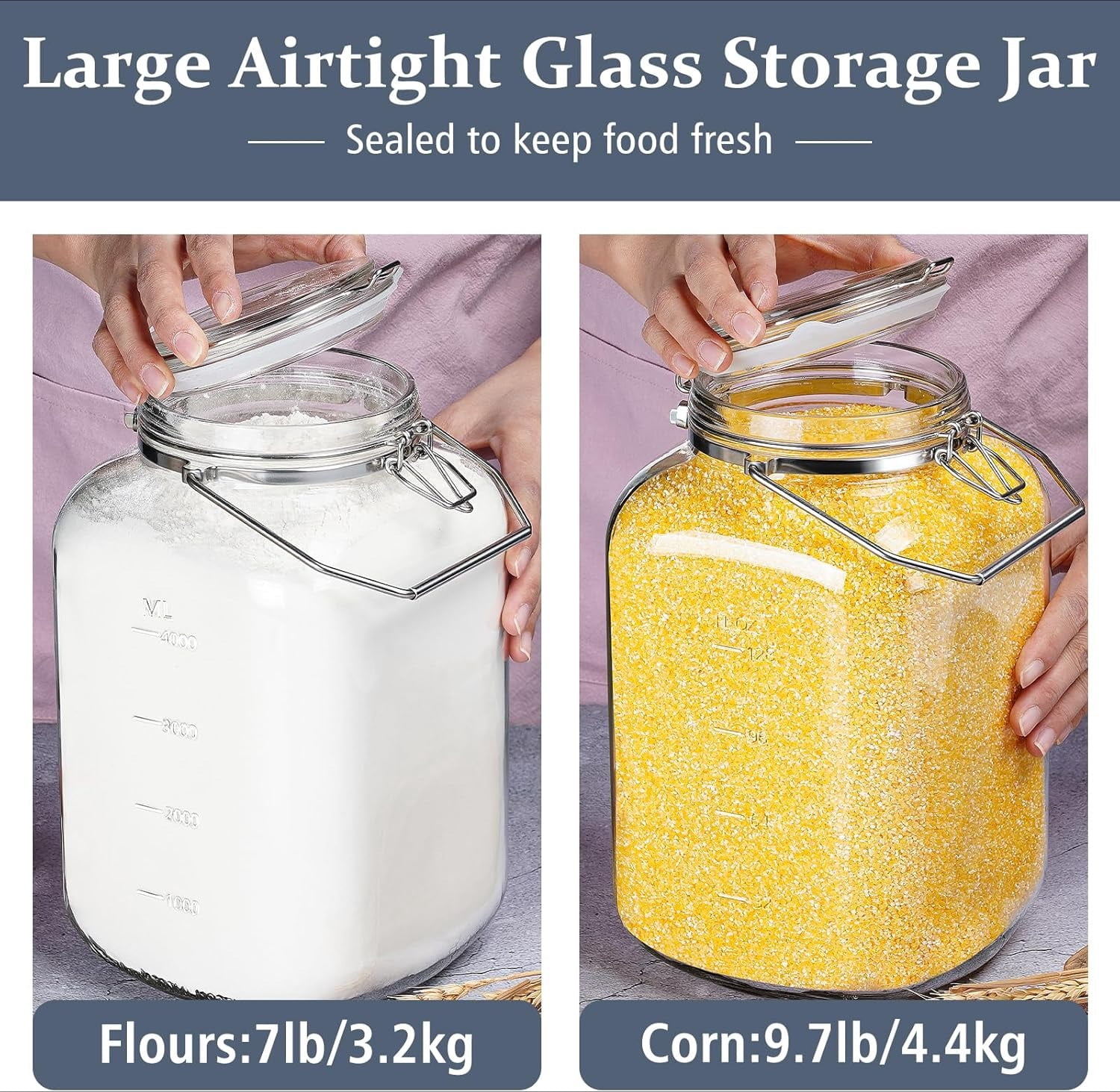 2 Pack 1.5 Gallon Glass Jar with Airtight Lid, 192 oz Square Wide Mouth Mason Jars with Stainless Steel Handle, Large Glass Storage Containers for Canning, Flour, Sugar, Rice, Pickled Eggs