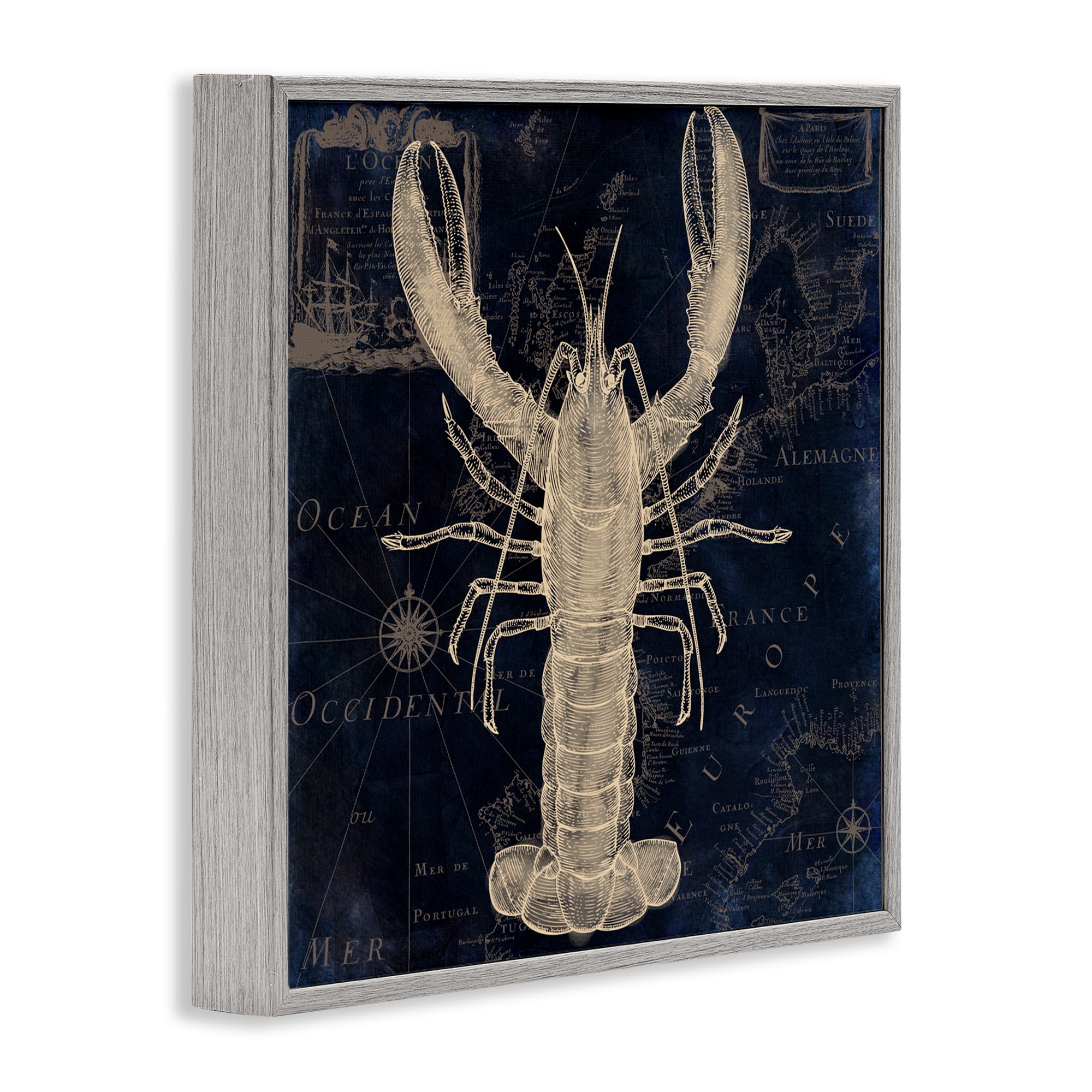Lobster Contour over Map Gray Framed Giclee Art, design by Sasha