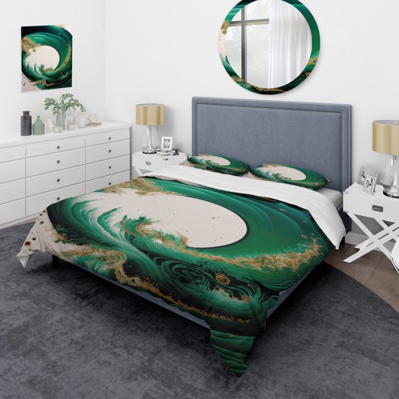 Designart "Emerald and Gold Wave Abstraction III" Modern Bedding Covert Set - Abstract Spirals Green Abstract Bed Set With 2 Shams