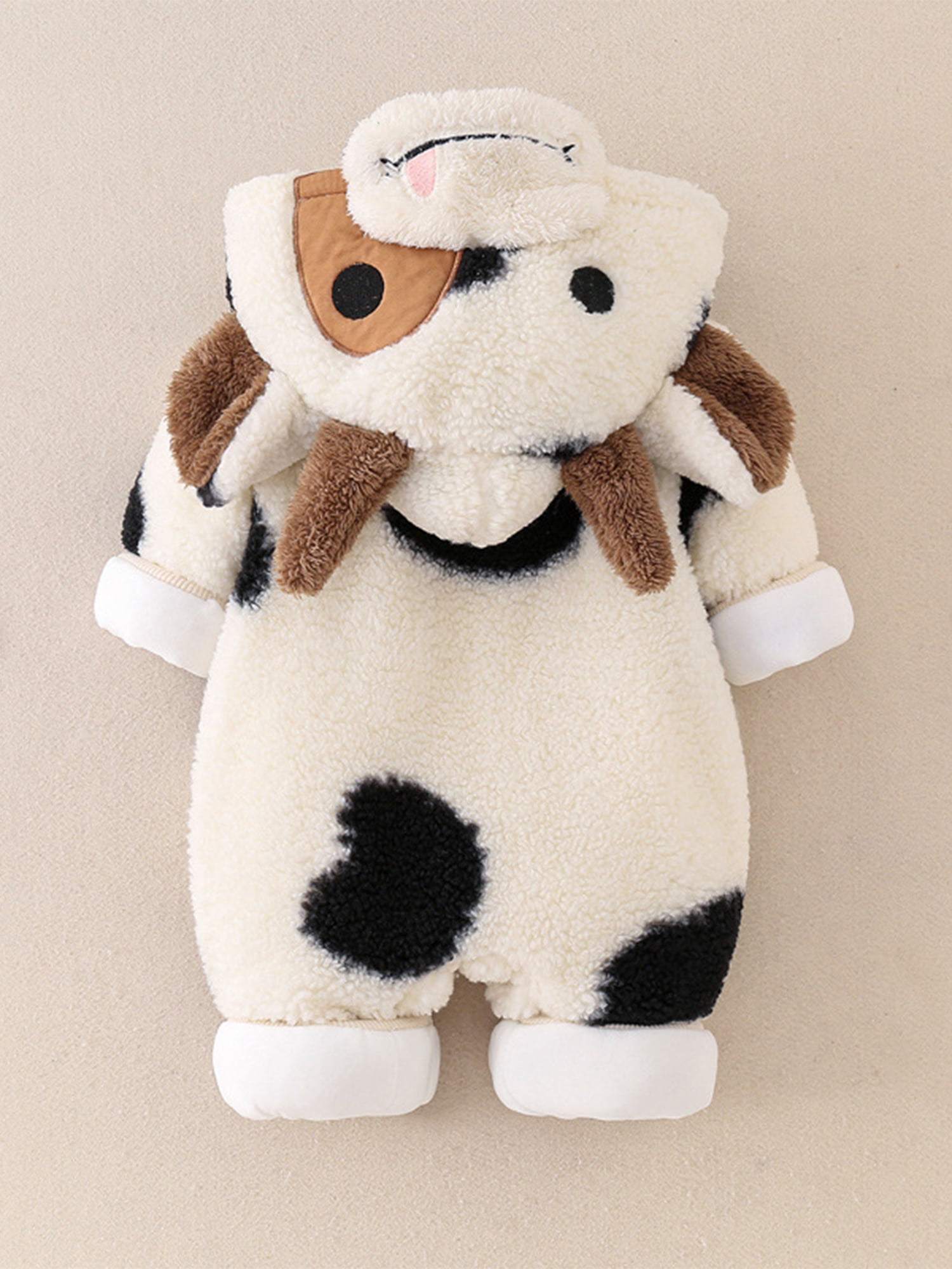 Baby Girls Boys Cow Hoodie Plush Jumpsuit Long Sleeve Cartoon Cow Zipper Romper Halloween Cow Costume Winter Clothes