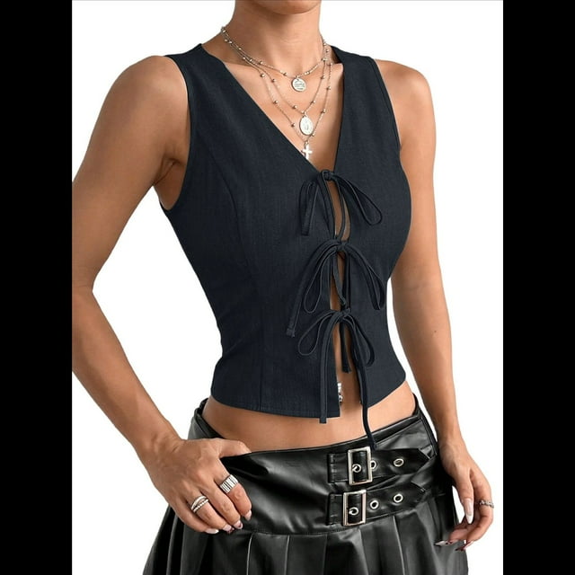 Chaleco con Lazo Frontal para Mujer, Top Corto Abierto, Chaleco de Verano Sin Mangas, Atuendos Y2K, Camisa Azul Marino L