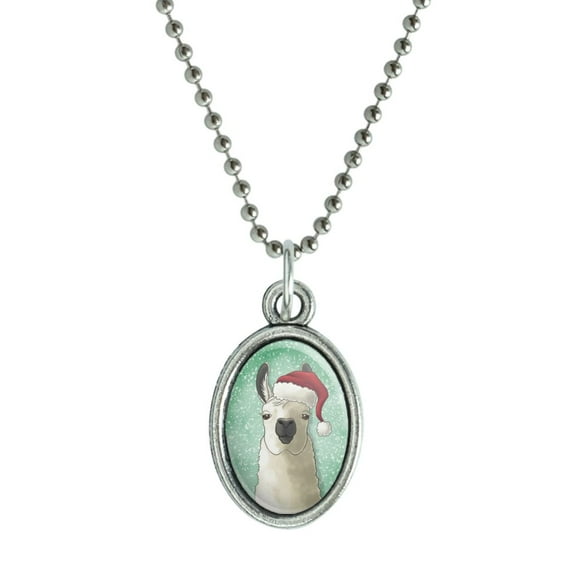 Fa La La La Llama Christmas Santa Hat Antiqued Oval Charm Pendant with Chain