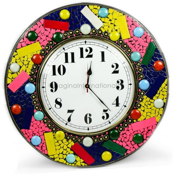 Nagina International Large Vibrant Colorful Marble Stones Gems Embedded Premium Decorative Crafted Time's Wall Clock | Unique Lavish Decor Gifts (Multi Pink)