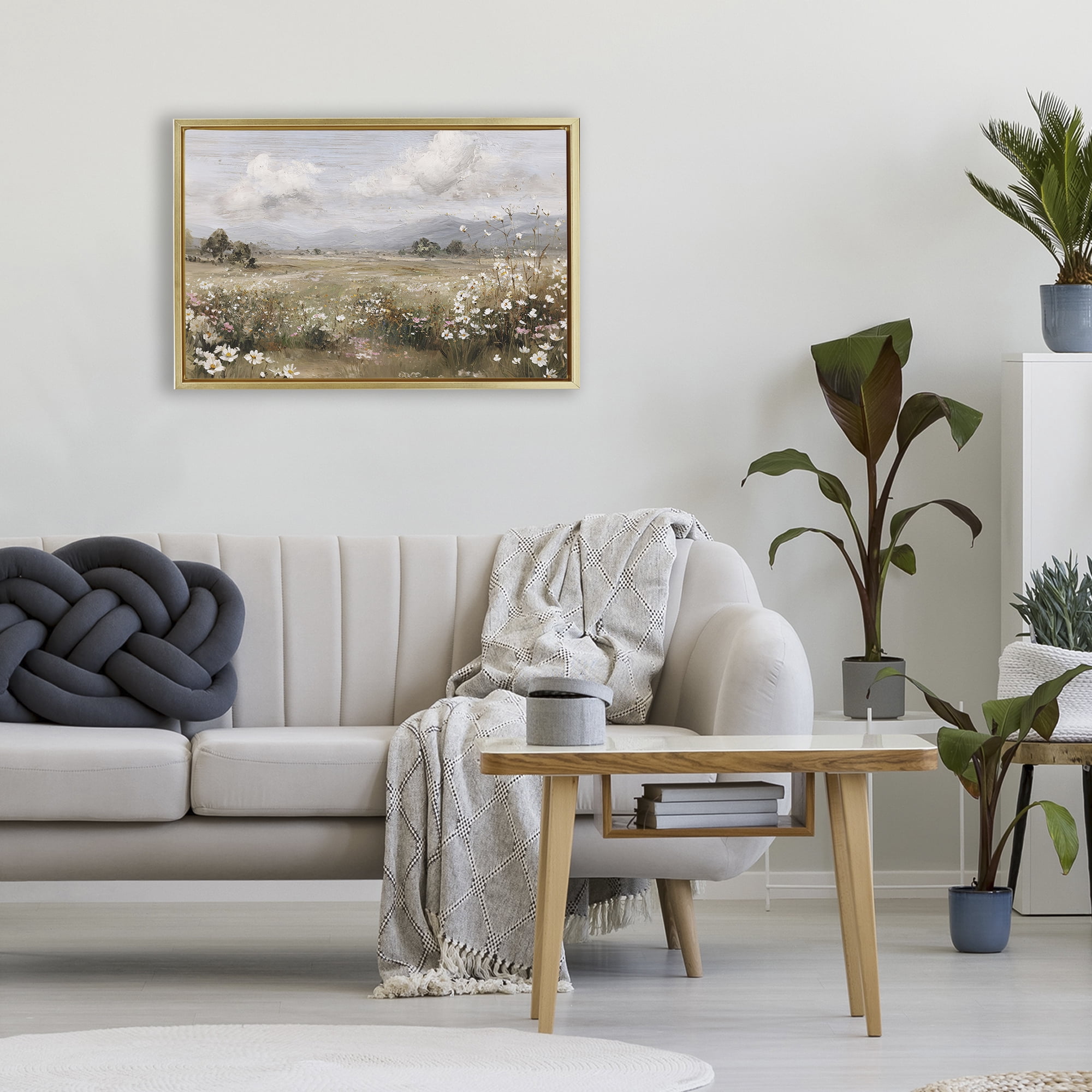 Stupell Industries Daisy Clusters in Field Gold Framed Floater Canvas Wall Art, design by Jacky Ngan