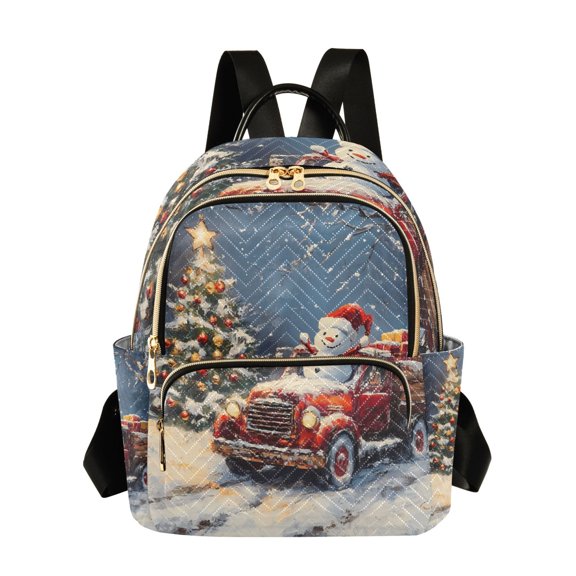 JIALIOU Mini Backpack Purse for Women Quilted Casual Daypack Small Travel Shoulder Bag, Christmas Tree and Snowman on Truck