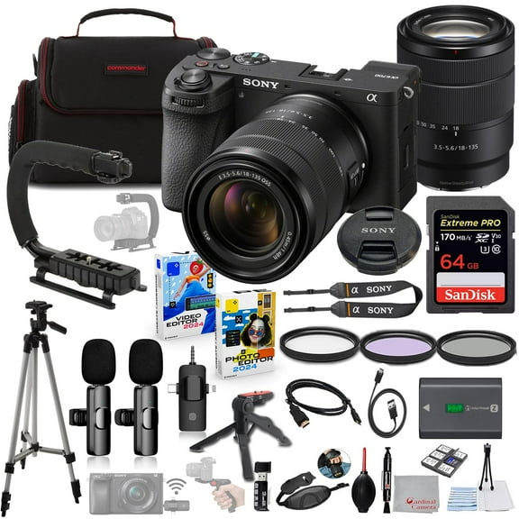 Sony a6700 Mirrorless Camera with 18-135mm Lens Bundle   Wireless Microphone System   Accessory Package Including 64GB Extreme Memory, U-Grip, Case, Tripod, Software and More (30 Items)
