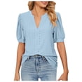 thumbnail image 3 of OSOLU Women Summer Casual V-Neck Solid Color Hollow Puffy Sleeve Loose T-Shirt Tshirts Tee Tops Stylish Dailywear, 3 of 3