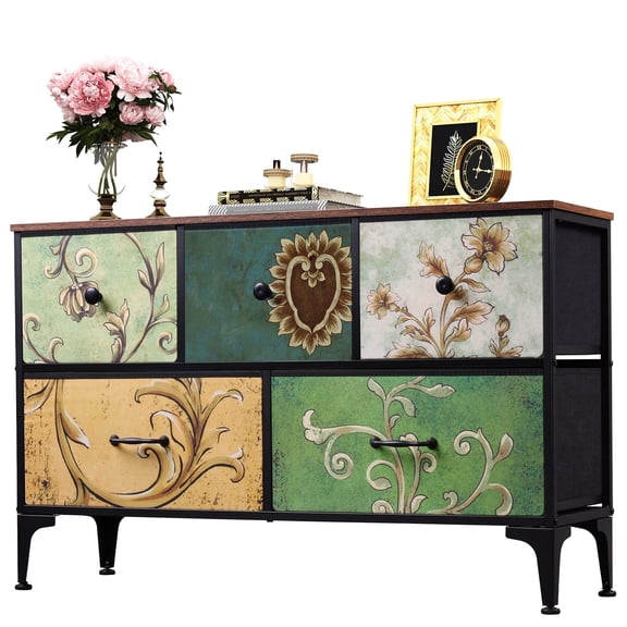 GALAXHERO 5-Drawer Wide Fabric Dresser Storage Organizer Unit, Chest of Drawers with Fabric Bins for Bedroom, Closet, Living Room, Hallway, Floral Painted