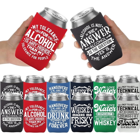 Funny Can Cooler Sleeve, 12 count Bulk Multicolor Quotes Cooler | Insulated Neoprene, Collapsible Drink Holder, Soda Cans and Water Bottles Travel Camping Birthday Party Supplies