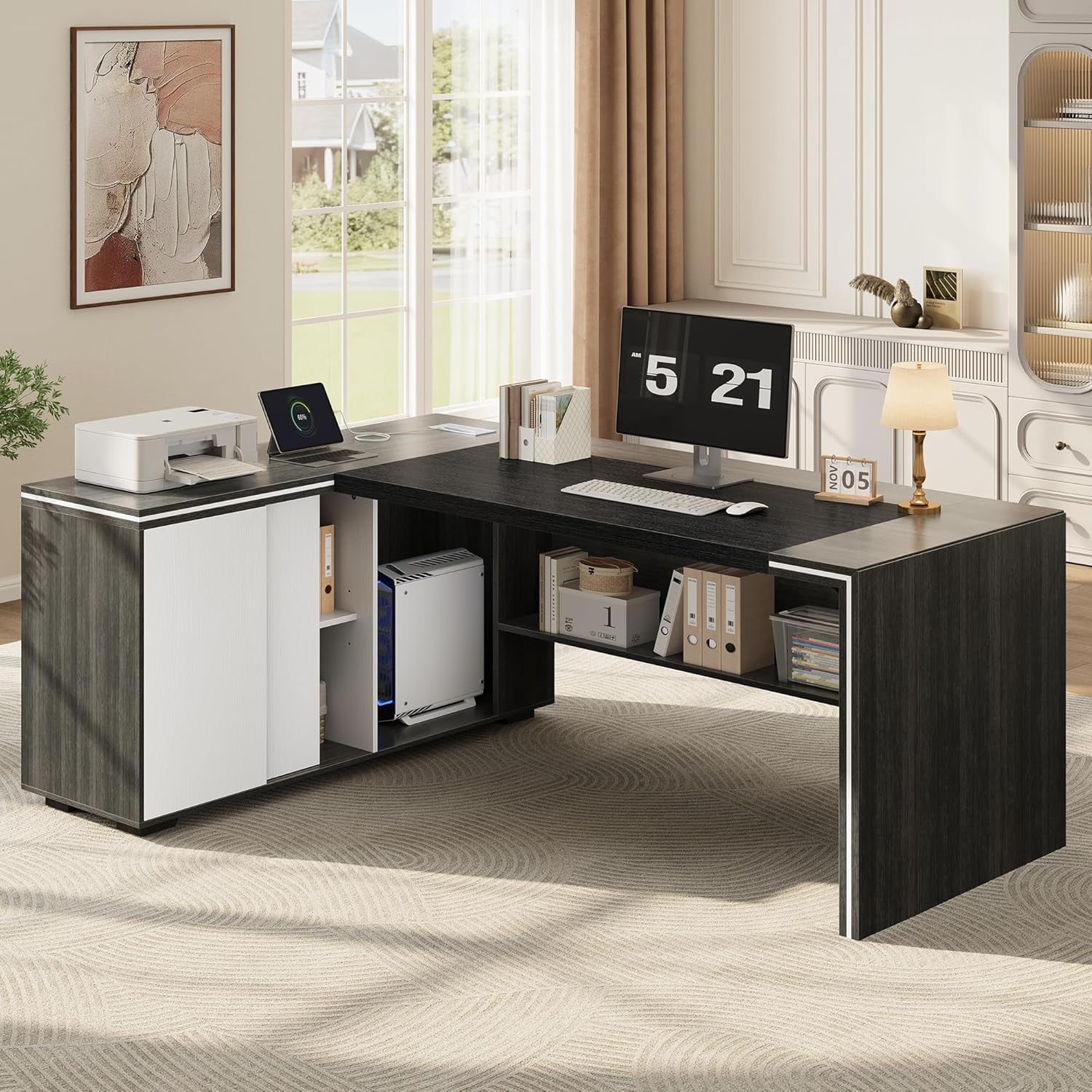 Vividwood L-Shaped Executive Desk with Cabinet Storage, 71" Office Computer Desk with Storage Shelves, CPU Stand, Cable Management (Gray)