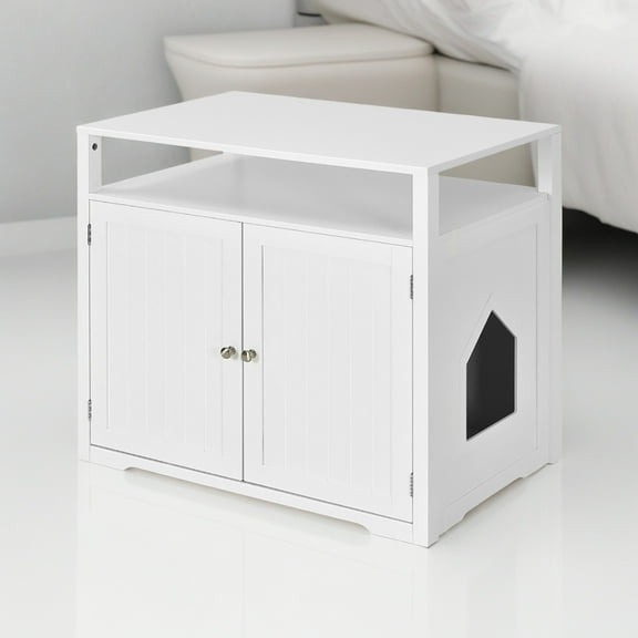 Pefilos 31" Wooden Hidden Cat Litter Box Enclosure Furniture, Cat Washroom with Storage Layer, Cat House for Large Cats, White