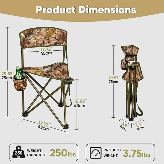 2 Pack Camo Hunting Chairs - Folding Tripod Camping Chair with Backrests, Portable Lightweight for Blinds, Fishing, Hiking, Golf Watching