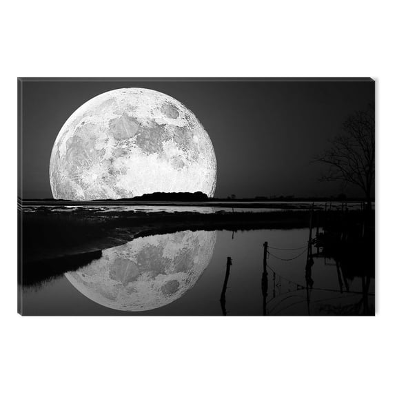 Startonight Canvas Wall Art Black and White Abstract Full Moon on the Water Landscape, Dual View Surprise Artwork Modern Framed Ready to Hang Wall Art 100% Original Art Painting 23.62 X 35.43 inch
