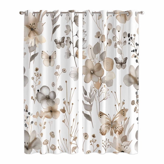 Brown Grey Floral Spring Kitchen Curtains 84 Inch Length, Watercolor Botanical Butterfly Grommet Top Bedroom Living Room Curtains, Light Filtering Cafe Curtain Drapes 2 Panels Set 84''x84''