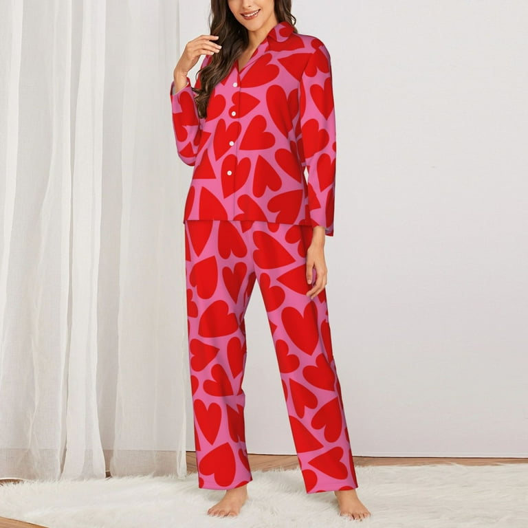 Saiise Red Love Heart Print Women Soft Pajama Sets,Long Sleeve
