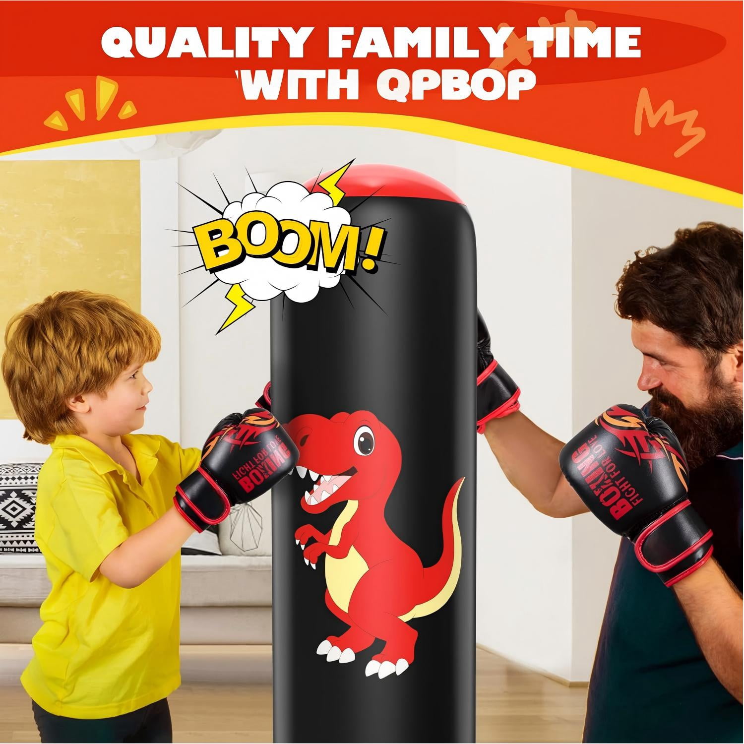 48" Inflatable Punching Bag for Kids, Lava Red Dinosaur with Black Pillar, Dinosaur Bop Bag for Boys & Girls Ages 3-8