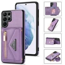 Dteck Case For Samsung Galaxy S22 Ultra,Luxury Leather Zipper Card Holder Wallet Cross Body Shoulder Strap Case Shockproof Hybrid Rubber Kickstand Cover for Galaxy S22 Ultra 5G,Purple
