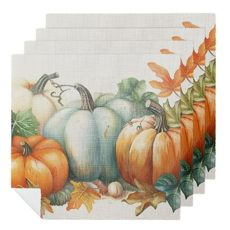 

JRXY Pumpkins Leaves White Background Cloth Napkins Polyester Home Decor Thanksgiving Party Dinner Decor Washable 4 PCS