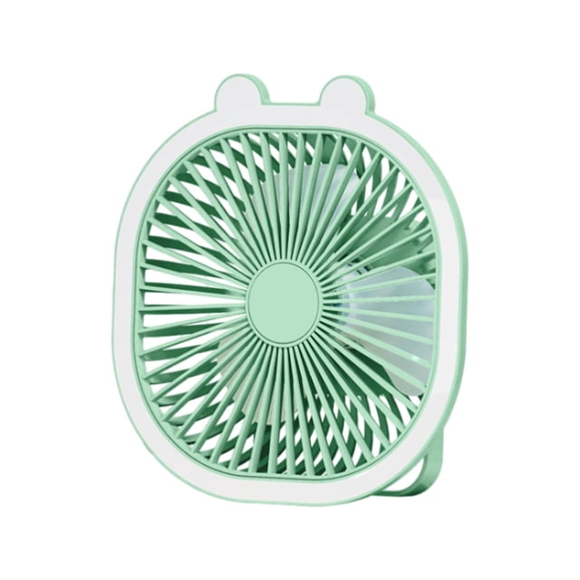 ventilador de circulación de aire pequeño sunnimix ventilador de mesa verde Ventilador de mesa portátil SM SunniMix en verde, vista frontal centrada con rejilla circular y aspas internas, base plegable para colocar en escritorio o colgar, carcasa de plástico con carga USB, 3 velocidades y ángulo ajustable; tamaño aproximado 19.5 x 8.5 x 21 cm, suele usarse para refrigeración personal en viajes y oficina.