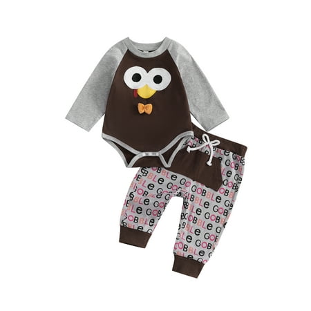 

aturustex Infant Baby Boy Girl Thanksgiving Outfits 0-18M Newborn Long Sleeve Rompers Turkey Embroidery Bodysuits Crew Neck Jumpsuits Letter Print Ela Toddler Cute Casual 2 Piece Clothes Set