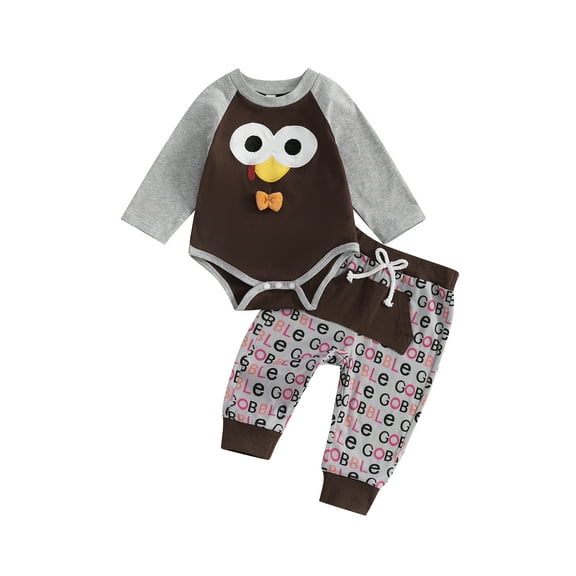Baby Toddler Boy Girl Thanksgiving Outfit, 0 3 6 12 18 Months Turkey Embroidery Long Sleeve Romper Letter Print Elastic Waist Pants 2 Piece Clothing Set