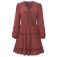 thumbnail image 1 of Minivestido informal y suelto de lunares con volantes y cuello en V de manga larga de primavera y verano, 1 of 8