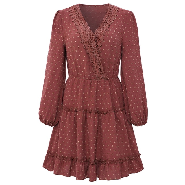 Minivestido informal y suelto de lunares con volantes y cuello en V de manga larga de primavera y verano