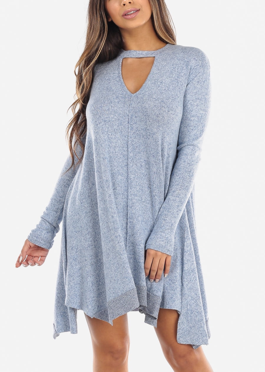 Moda Xpress Womens Long Sleeve Sweater Dress Keyhole Neckline Light Blue Dress 40383E