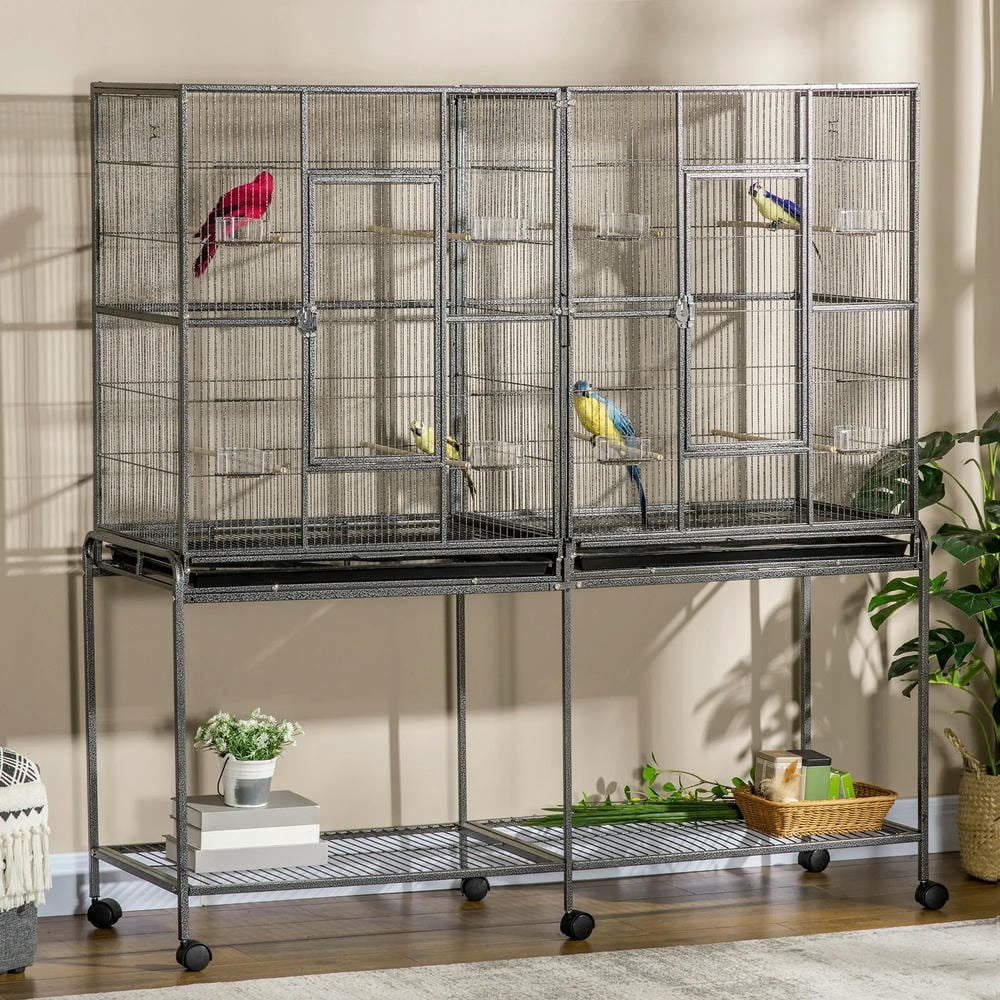 Spaco Rolling 65"L Bird Cage w/ Storage Shelf Wood Perch Food Container, Bird Cage with Large Front Doors, Black