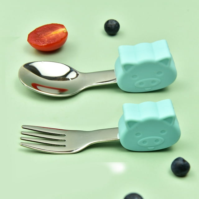 Tenedor cuchara de entrenamiento para aprender a comer para bebés hipopótamo, mango corto, vajilla de acero inoxidable, tenedor cuchara de silicona para alimentos complementarios para niños