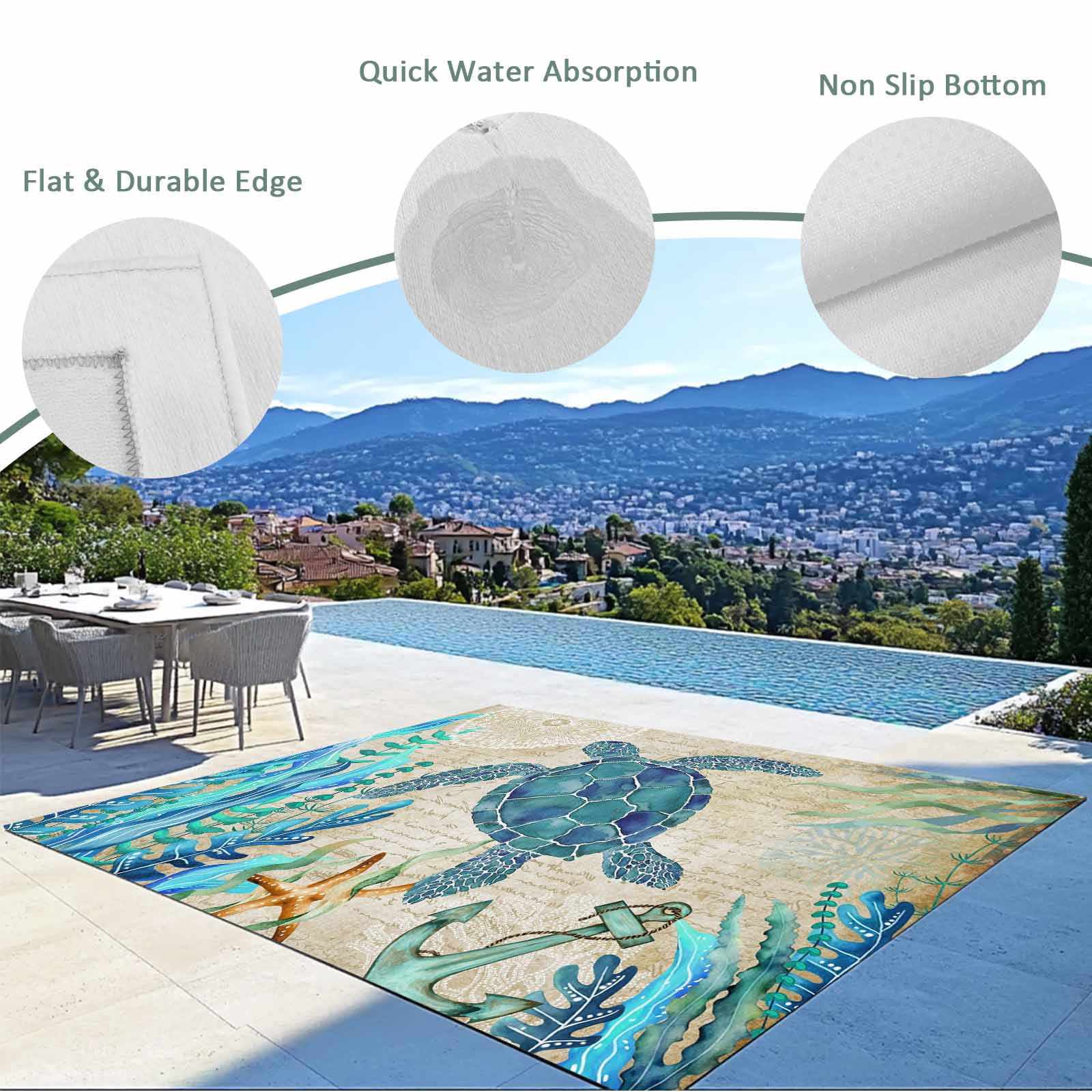 4' x 6' Outdoor Rug, Teal Sea Turtle Coastal Outdoor Washable Rug Large Floor Carpet, Vintage Summer Beach Seaweed Non Shedding Area Rug for Outside Patio RV Porch Deck Balcony Camping Living Room