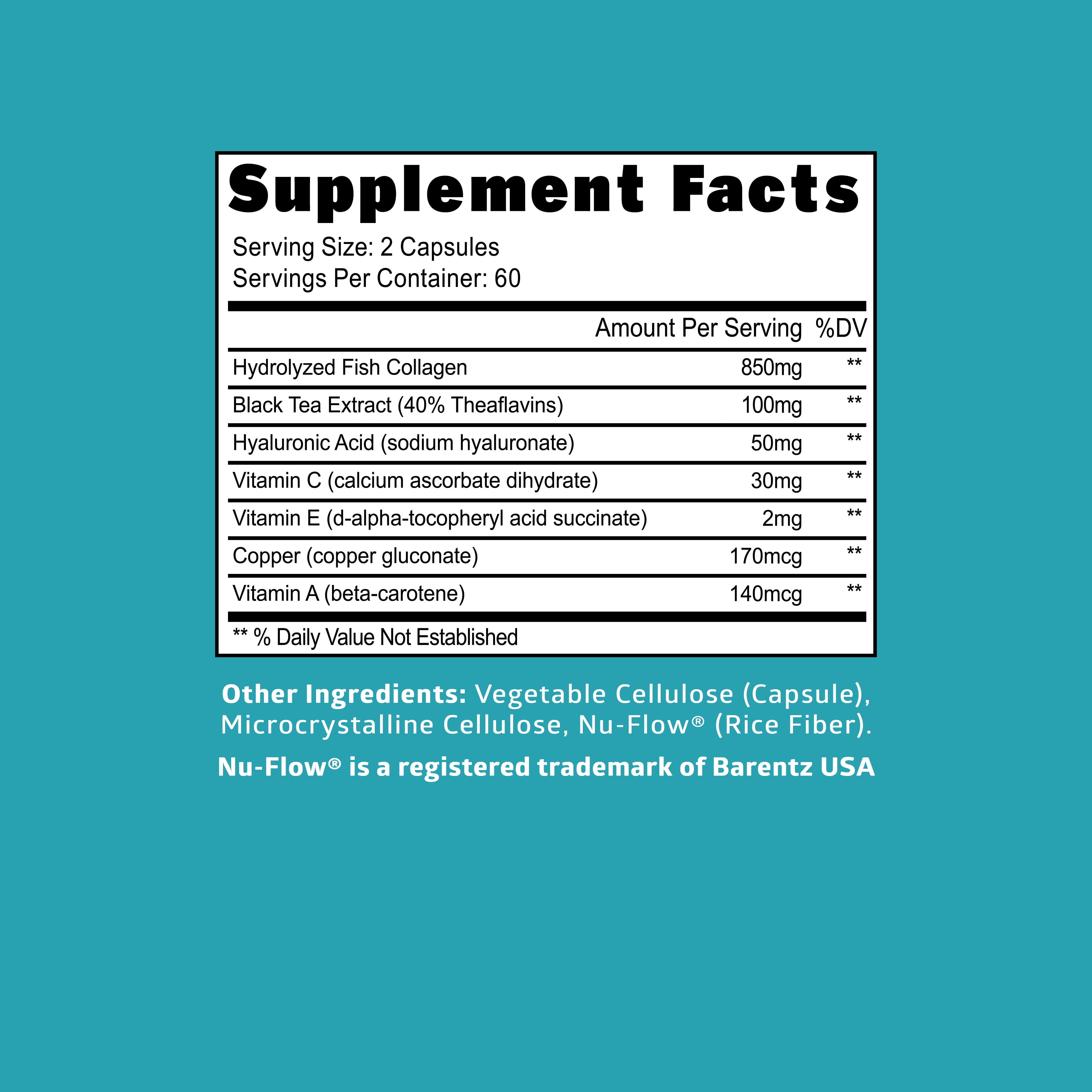 Hydrolyzed Marine Collagen with Hyaluronic Acid, Vitamin C, Theaflavin and Copper, Collagen Supplement for Women and Men for Radiant Skin, Hair & Nails, Gluten Free and Non-GMO, 120 Veg Caps