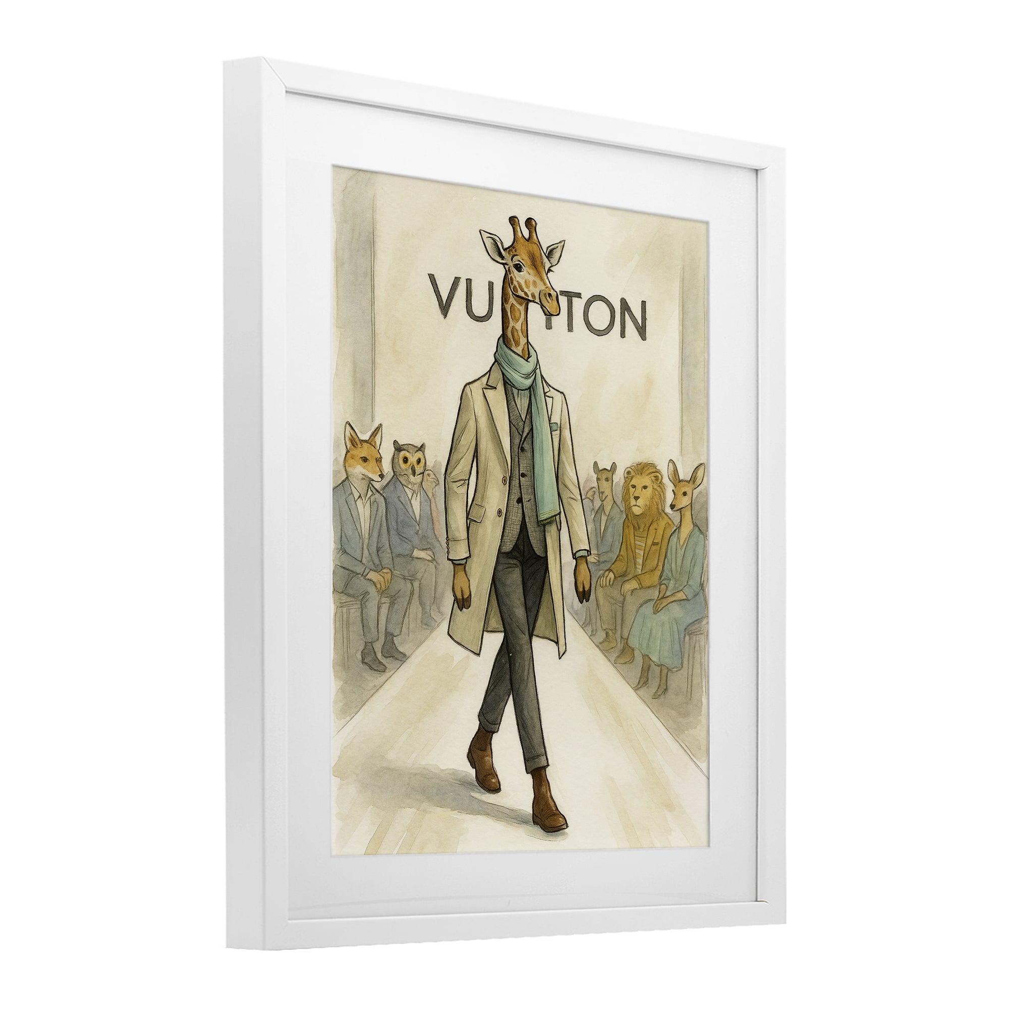 Stupell Industries Fashion Runway Giraffe White Framed Print Under Glass, design by Grotto Studios