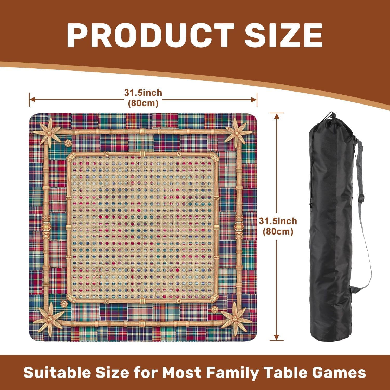 Mahjong Mat with Carrying Bag 31.5" x 31.5" Non-Slip Noise Reduction Woven Cane Lattice Panel Colorful Plaid Patchwork Border Bamboo Frame Table Mat for Mahjong Poker Dominoes Card Board Tile Games