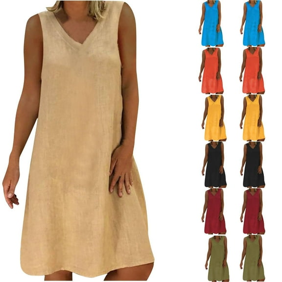 Fengqque Womens Fashion Casual Cotton Linen Solid Color Summer Sleeveless V Neck Medium Length Dress Yellow 10(XL)