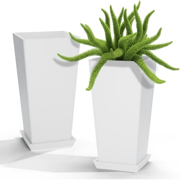 Set of 2 Tall Outdoor Planters 20 Inch, Large Planters for Indoor Outdoor Plants, Tapered Square Flower Pots with Tray for Patio, White