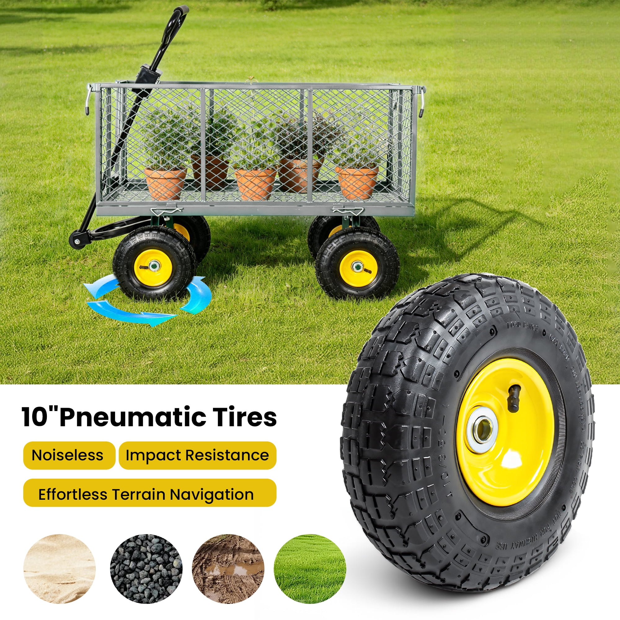 3 in 1 Oversized Steel Garden Cart, 880lbs Pullable Mesh Metal Garden Cart, All-Terrain Utility Cart with Removable Liner & Side Panels & Mesh Tray for Outdoor Lawn, Patio and Landscaping, Gray