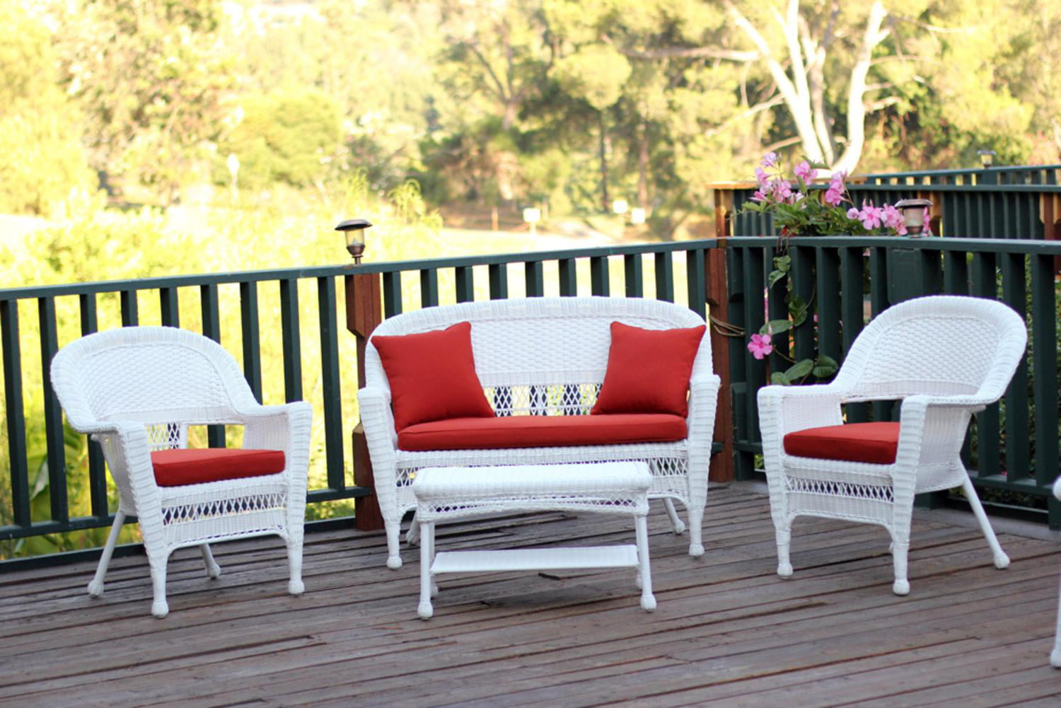 4-Piece White Wicker Patio Chair, Loveseat & Table Furniture Set - Red