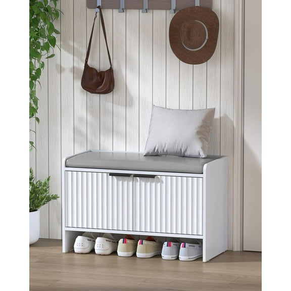 Storage Bench with Padded Seat Cushion, Entryway Beach with 2 Barn Doors, Shoe Storage Bench for Entryway, Living Room, Bedroom,White