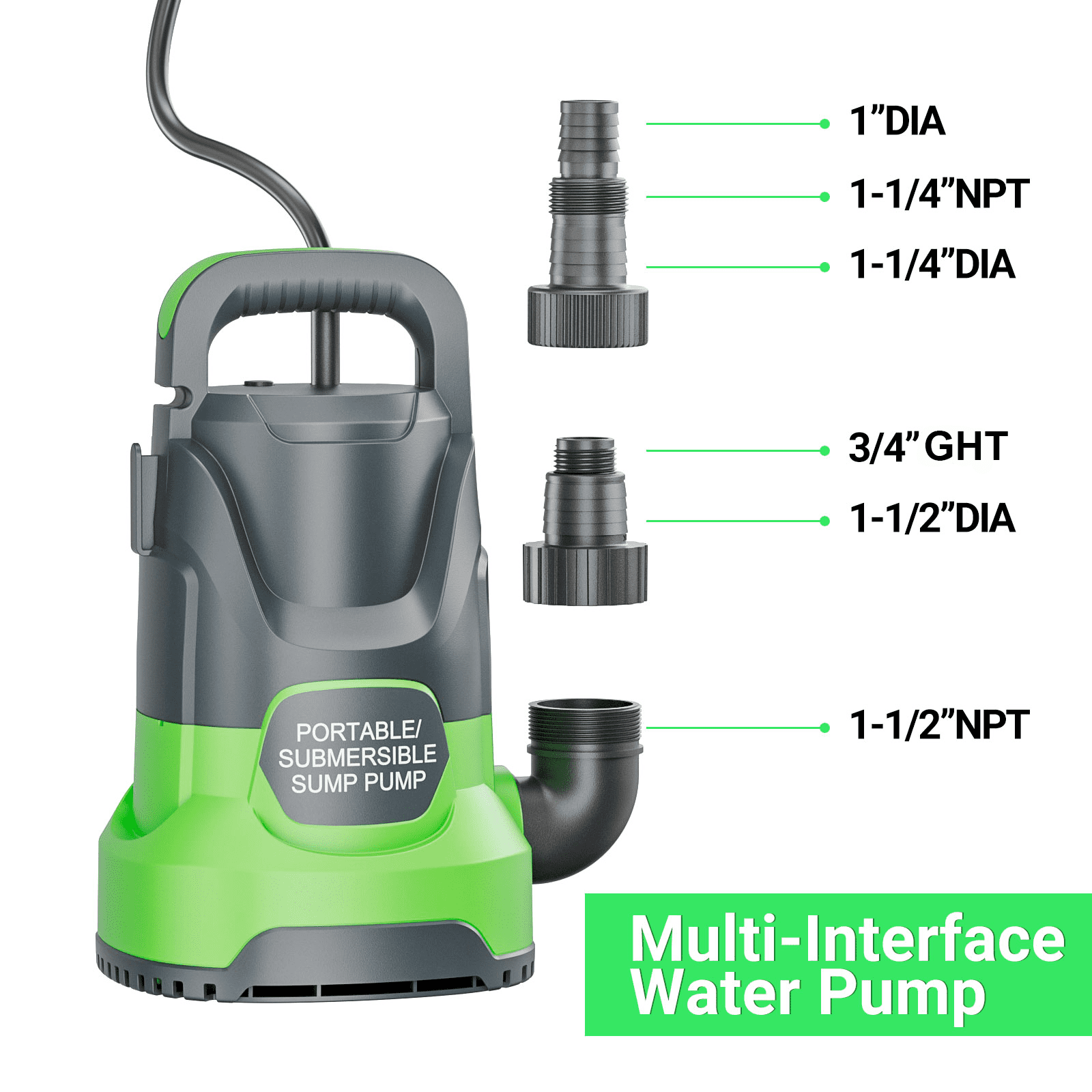 Sump Pump 1.1HP Submersible Water Pump 4700GPH Electric Portable Transfer Water Pump for Pool Draining Basement Green