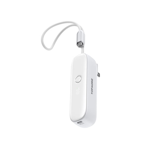 TOPADRE 22.5W Power Bank, 5000mAh Portable Charger with Built-in USB-C Cable, Foldable Plug, Dual Type-C Ports, White