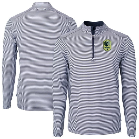 Men's Cutter & Buck Navy Nashville SC DryTec Virtue Eco Pique Micro Stripe Recycled Quarter-Zip Pullover Top