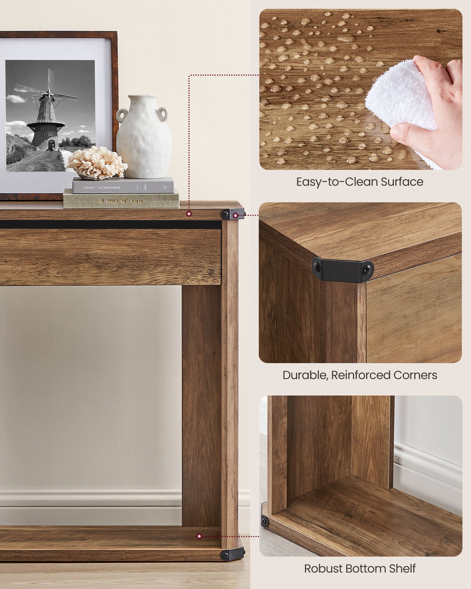 Console Table 47.2 Inches Sofa Table Narrow Entryway Table Entry Table with 3 Drawers Bottom Shelf Metal Corners Honey Brown