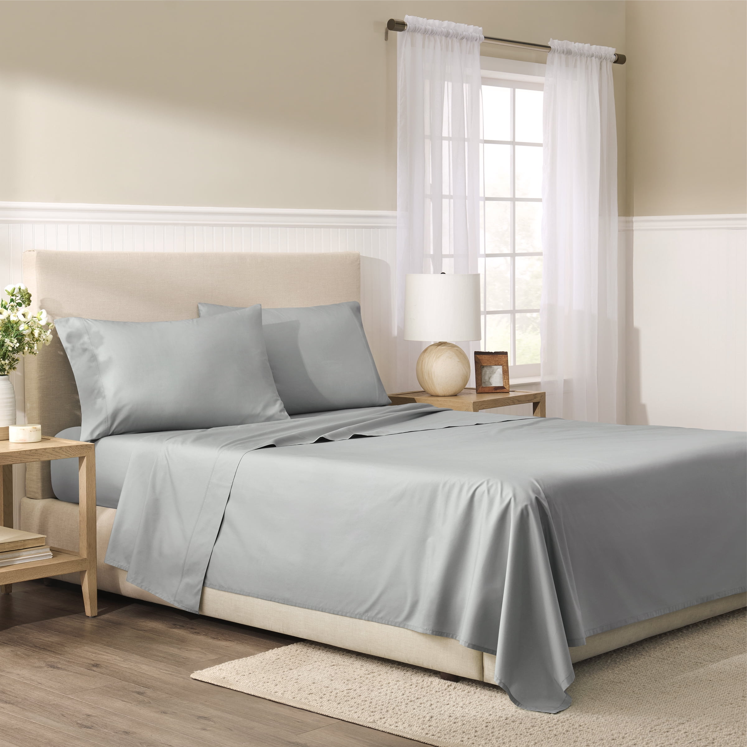 Wamsutta 1846 4-Piece 400 Thread Count Gray Flannel Egyptian Giza Cotton Percale Bed Sheets, Queen-Deep Pocket