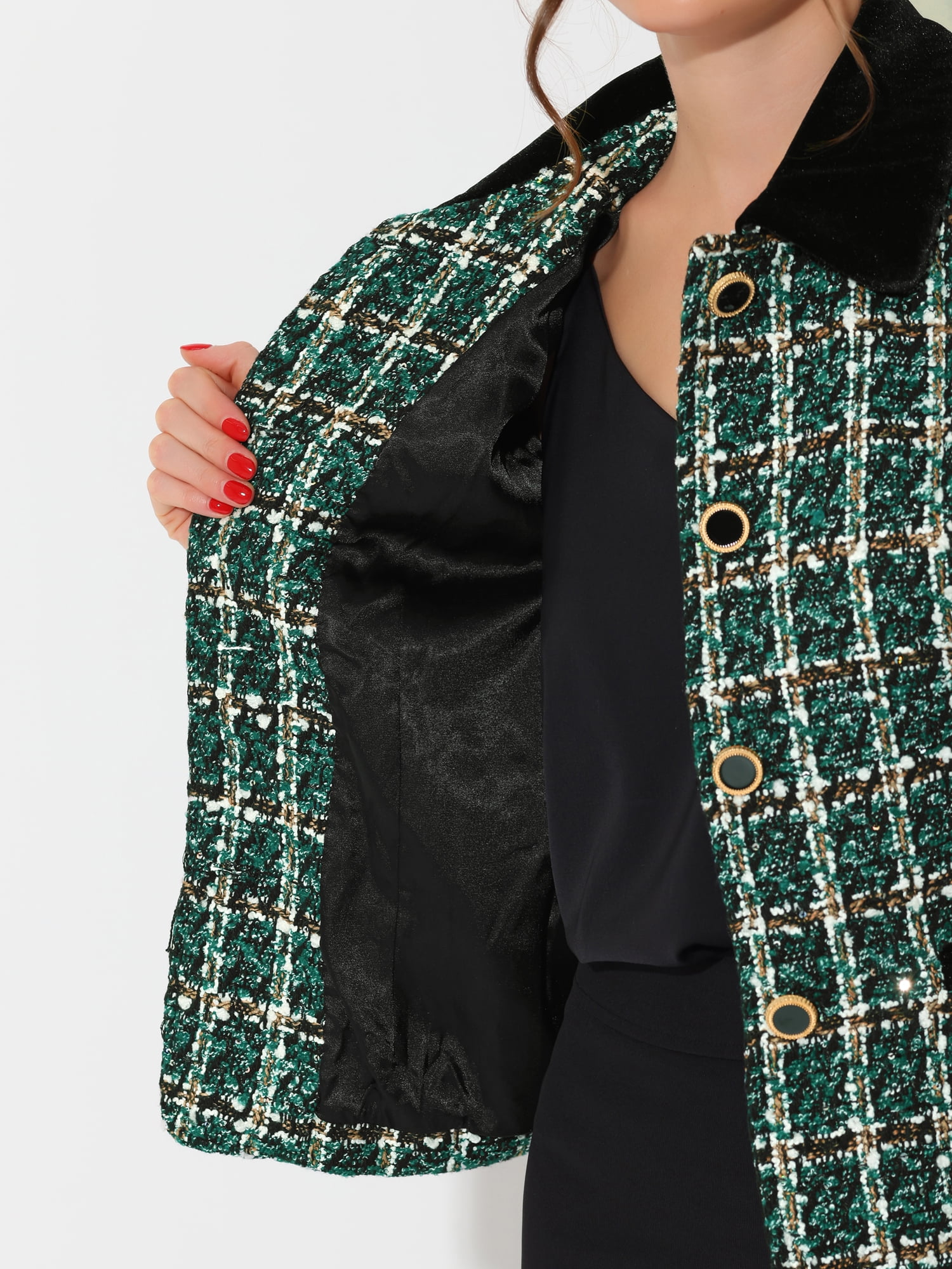 DARING DIVA Women's Elegant Velvet Collared Tweed Jacket Blazer L Green