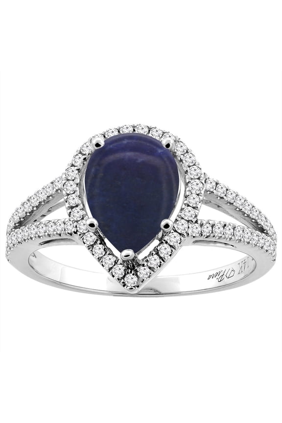 14K White Gold Natural Lapis Ring Pear Shape 9x7 mm Diamond Accents, size 7