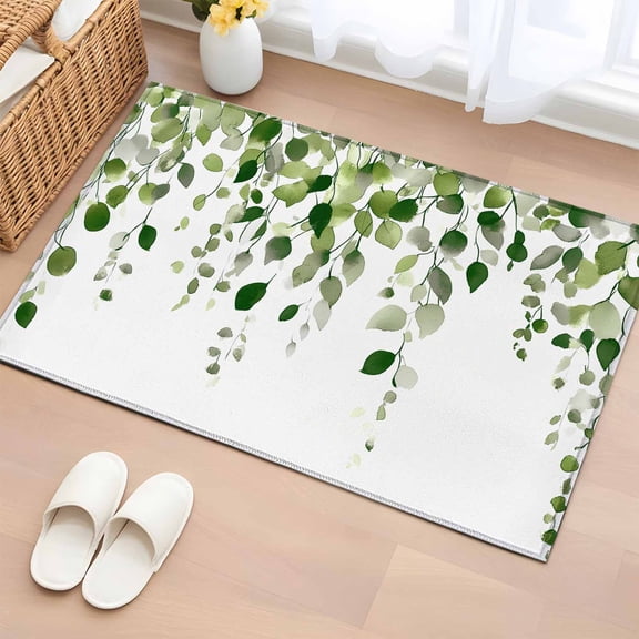 Green Eucalyptus Leaves Bathroom Rug Washable 2x3 Entryway Rug Non Slip Watercolor Summer Botanical Front Door Mat Low Pile Indoor Doormat Throw Floor Carpet for Kitchen Bedroom Entrance