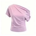 thumbnail image 3 of LEKWK Off the Shoulder Tops for Women Short Sleeve Crew Neck Ruched T-Shirt Loose Fit Solid Asymmetrical Blouses Summer Fashion Going Out Tops, 3 of 5