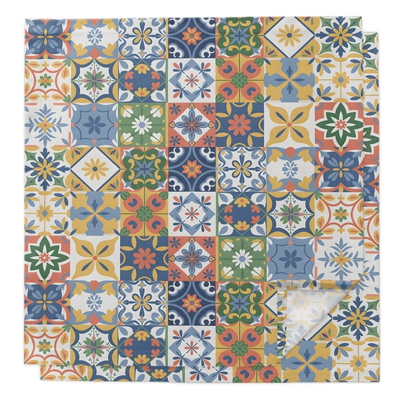 Vintage Mediterranean Cloth Napkins Washable Set of 2, Blue and Yellow Tiles Texture Reusable Dinner Table Napkins Cloth Bulk for Weddings Kitchen Restaurants Hotel Events Parties 20 x 20 Inch